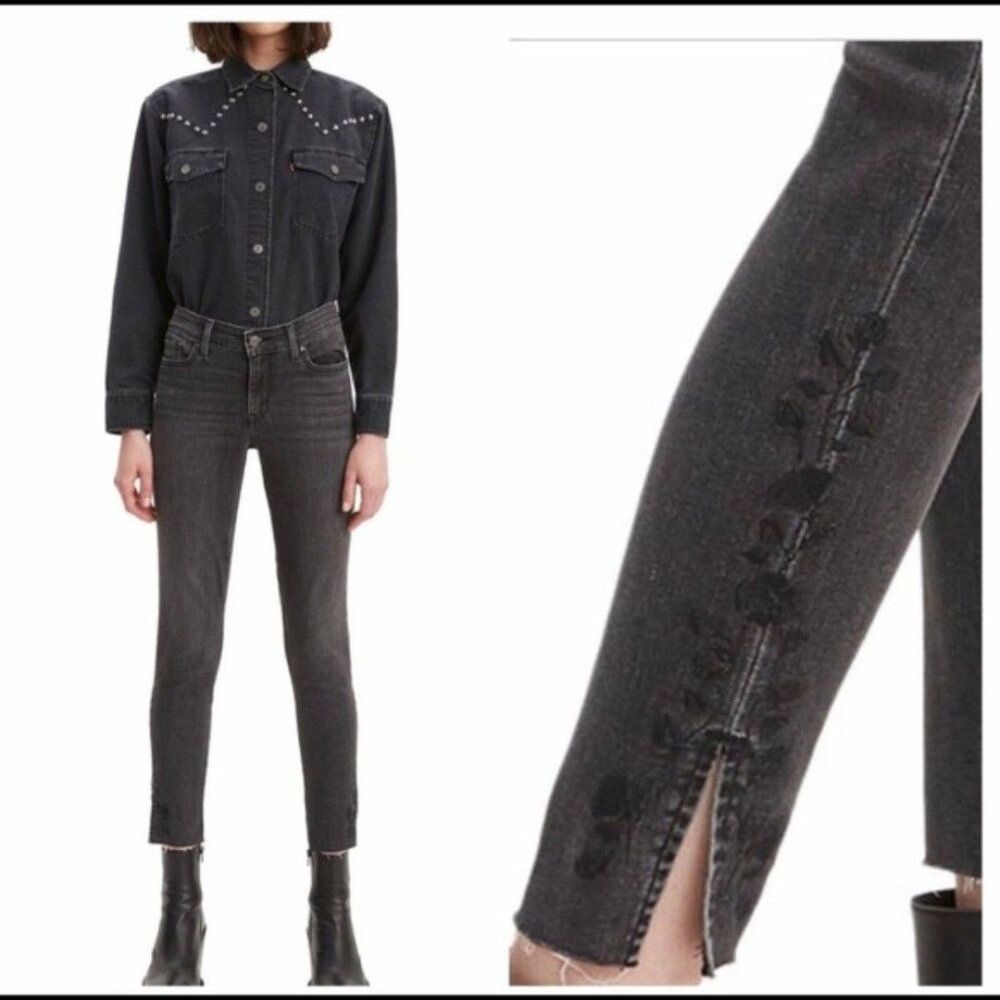 Levi's 711 Black Mid Rise Ankle Jeans Floral Embroidered Hem Plus 14 / 32 NWT